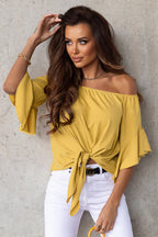Women's Off-Shoulder Chiffon Blouse – Lace-Up 3/4 Sleeve Top