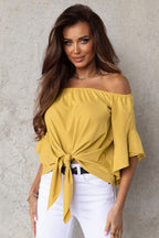Women's Off-Shoulder Chiffon Blouse – Lace-Up 3/4 Sleeve Top