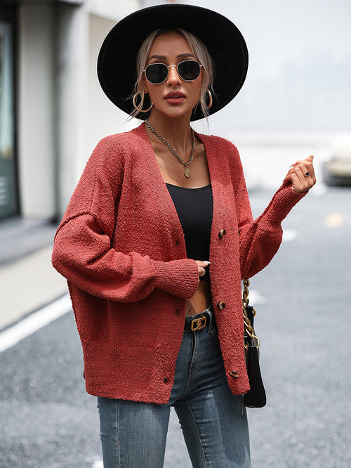Women's Autumn Winter Women Clothing V Neck Buttons Solid Color Knitted Cardigan Women Coat Sweater Women