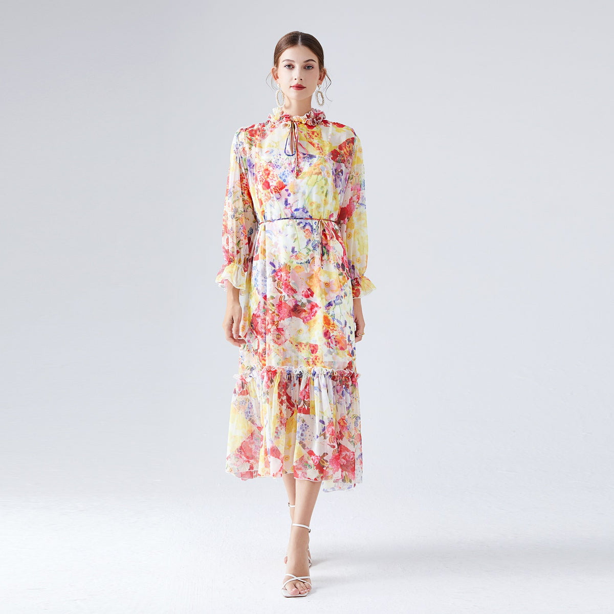 Elegant Floral Stitching Fungus Lace Elegant Long-Sleeve Lace-Up Dress