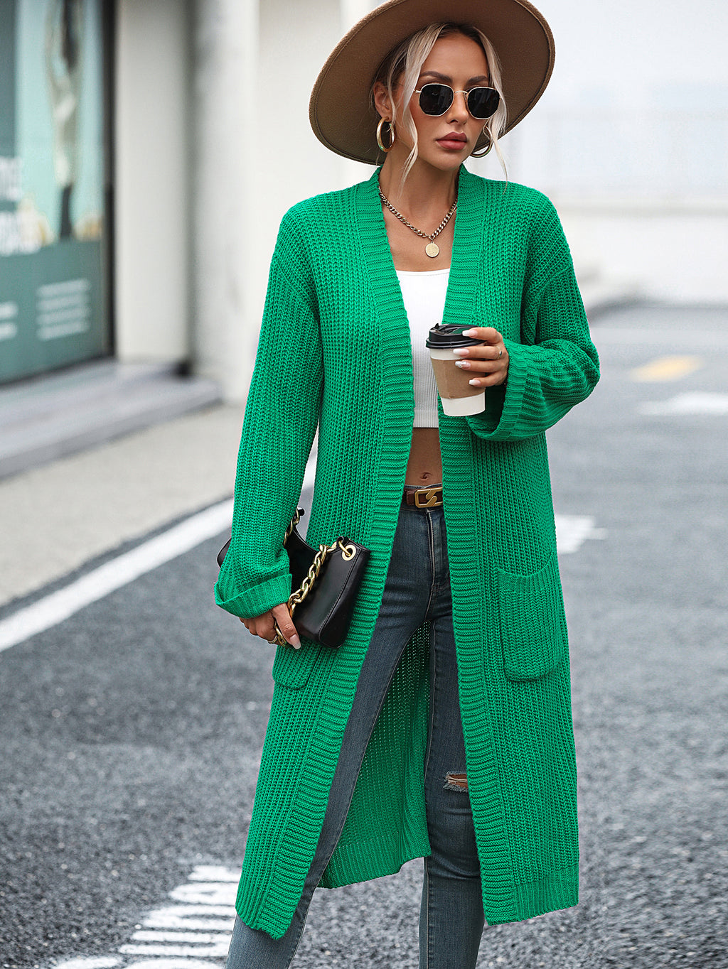 Women's Autumn Winter Solid Color Knitwear Pocket Coat Sweater
