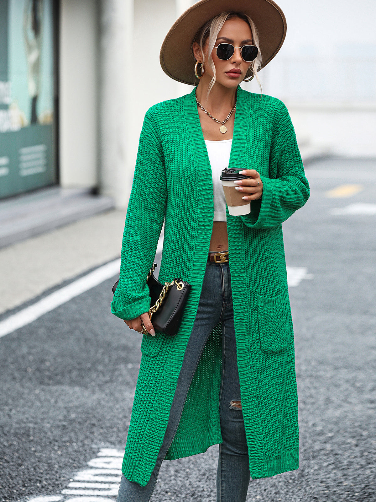 Women's Autumn Winter Solid Color Knitwear Pocket Coat Sweater
