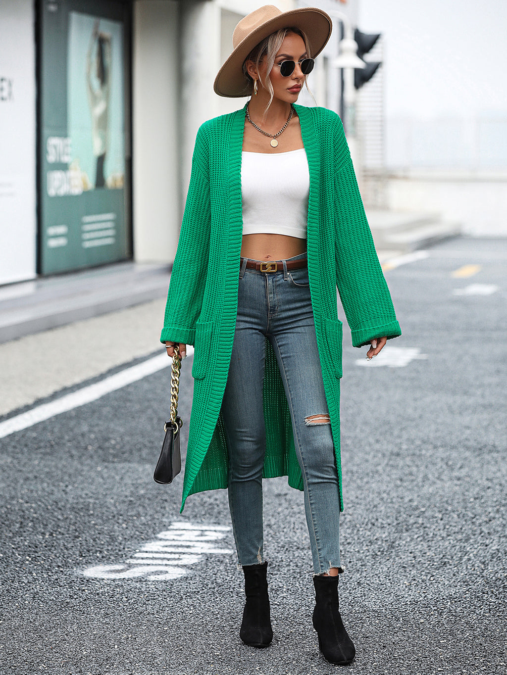 Women's Autumn Winter Solid Color Knitwear Pocket Coat Sweater