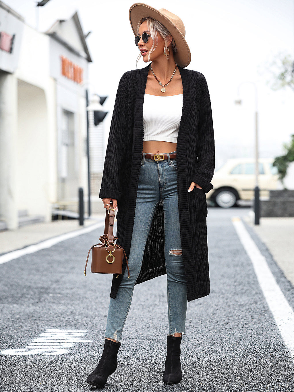 Women's Autumn Winter Solid Color Knitwear Pocket Coat Sweater