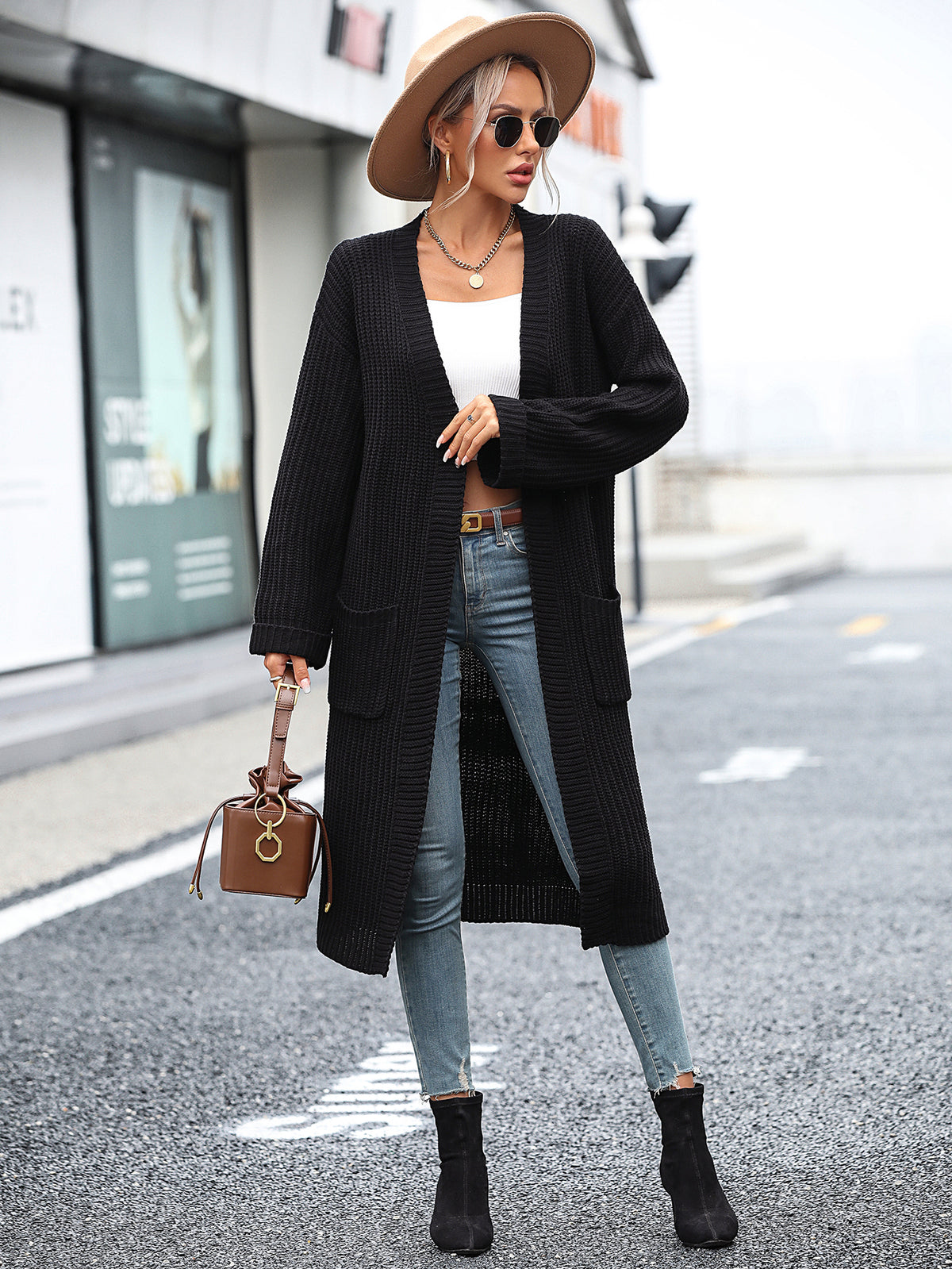 Women's Autumn Winter Solid Color Knitwear Pocket Coat Sweater