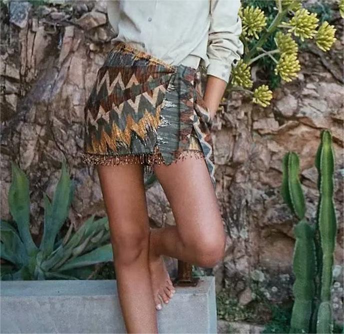 Summer High Waist Print Side Knotted Decorative Hem Skirt