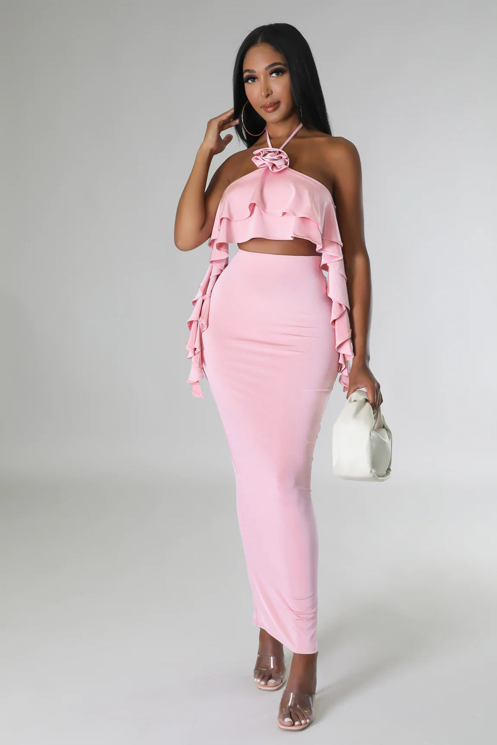 Women's Wrapped Chest Halter Ruffled Dress Two-Piece Set