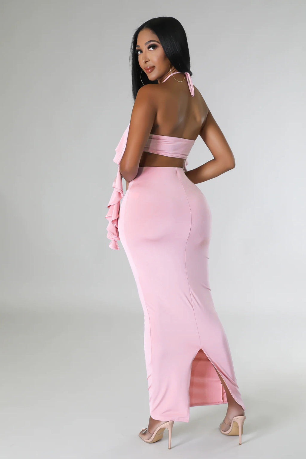 Women's Wrapped Chest Halter Ruffled Dress Two-Piece Set