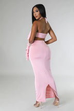Women's Wrapped Chest Halter Ruffled Dress Two-Piece Set
