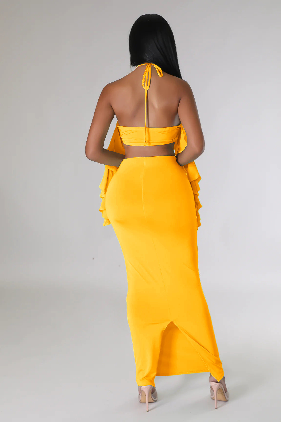 Women's Wrapped Chest Halter Ruffled Dress Two-Piece Set