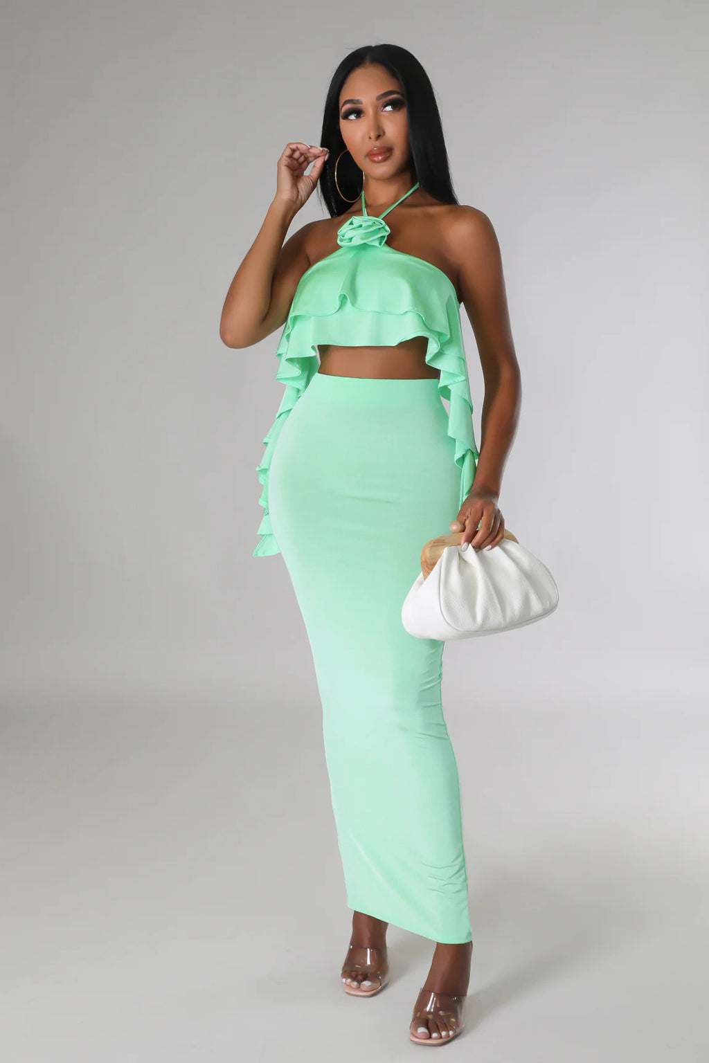 Women's Wrapped Chest Halter Ruffled Dress Two-Piece Set