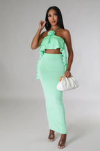Women's Wrapped Chest Halter Ruffled Dress Two-Piece Set