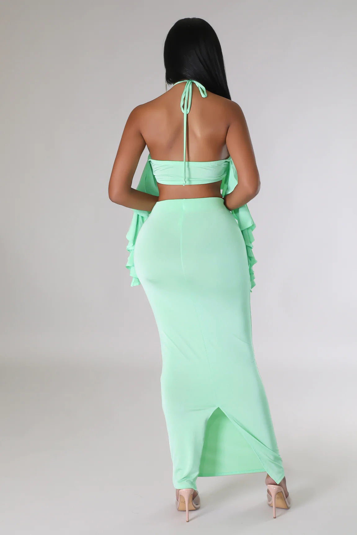 Women's Wrapped Chest Halter Ruffled Dress Two-Piece Set