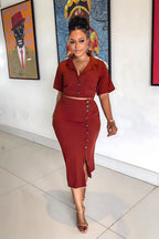 Women's Short-Sleeve Split Two-Piece Skirt Set