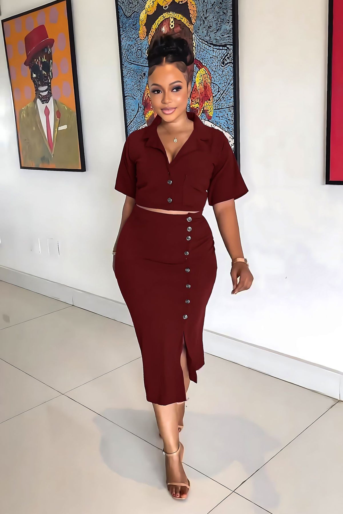 Women's Short-Sleeve Split Two-Piece Skirt Set