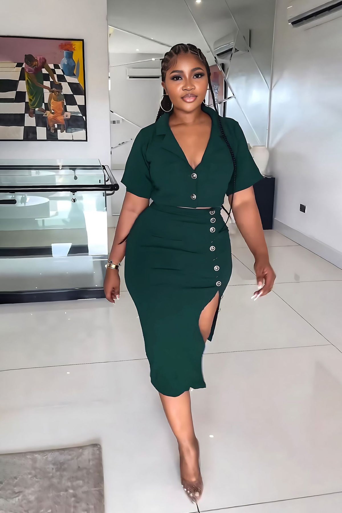 Women's Short-Sleeve Split Two-Piece Skirt Set