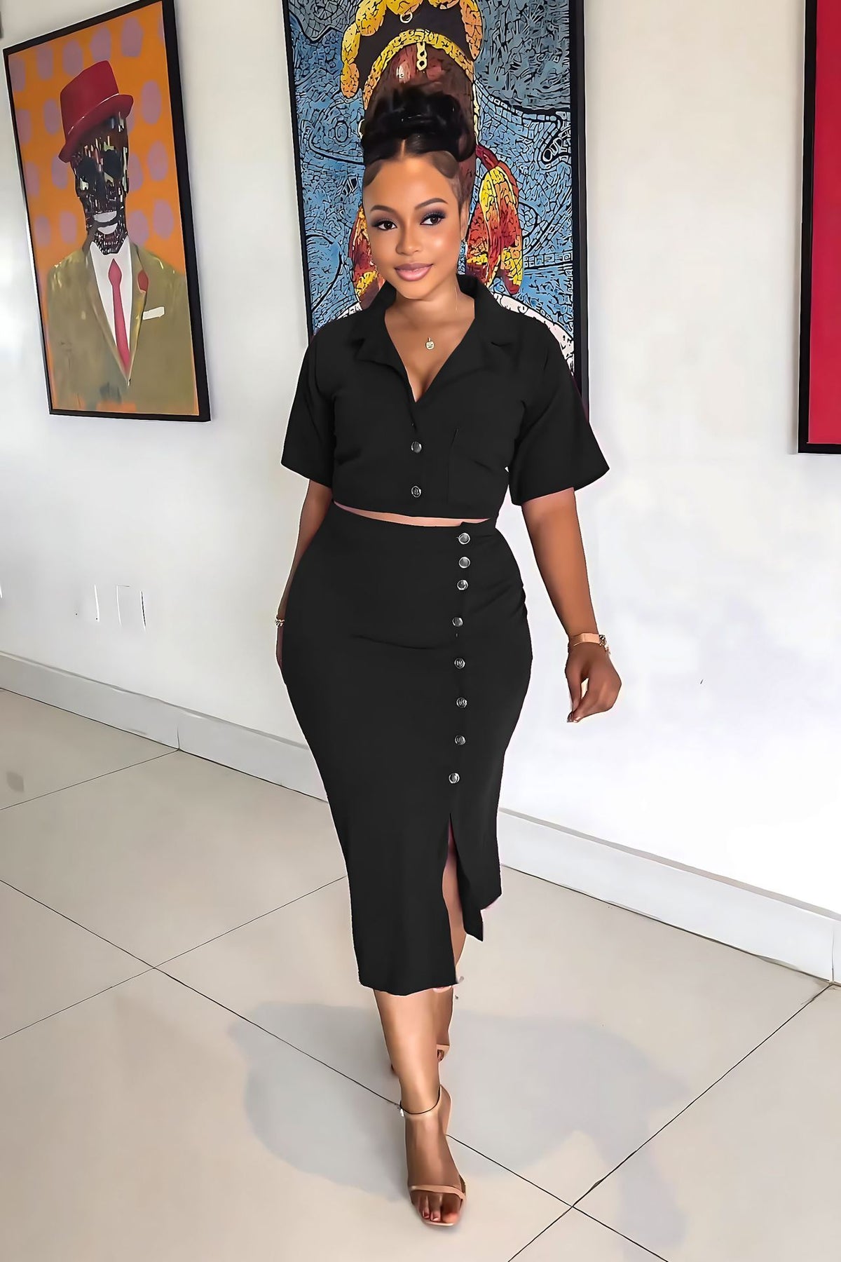 Women's Short-Sleeve Split Two-Piece Skirt Set