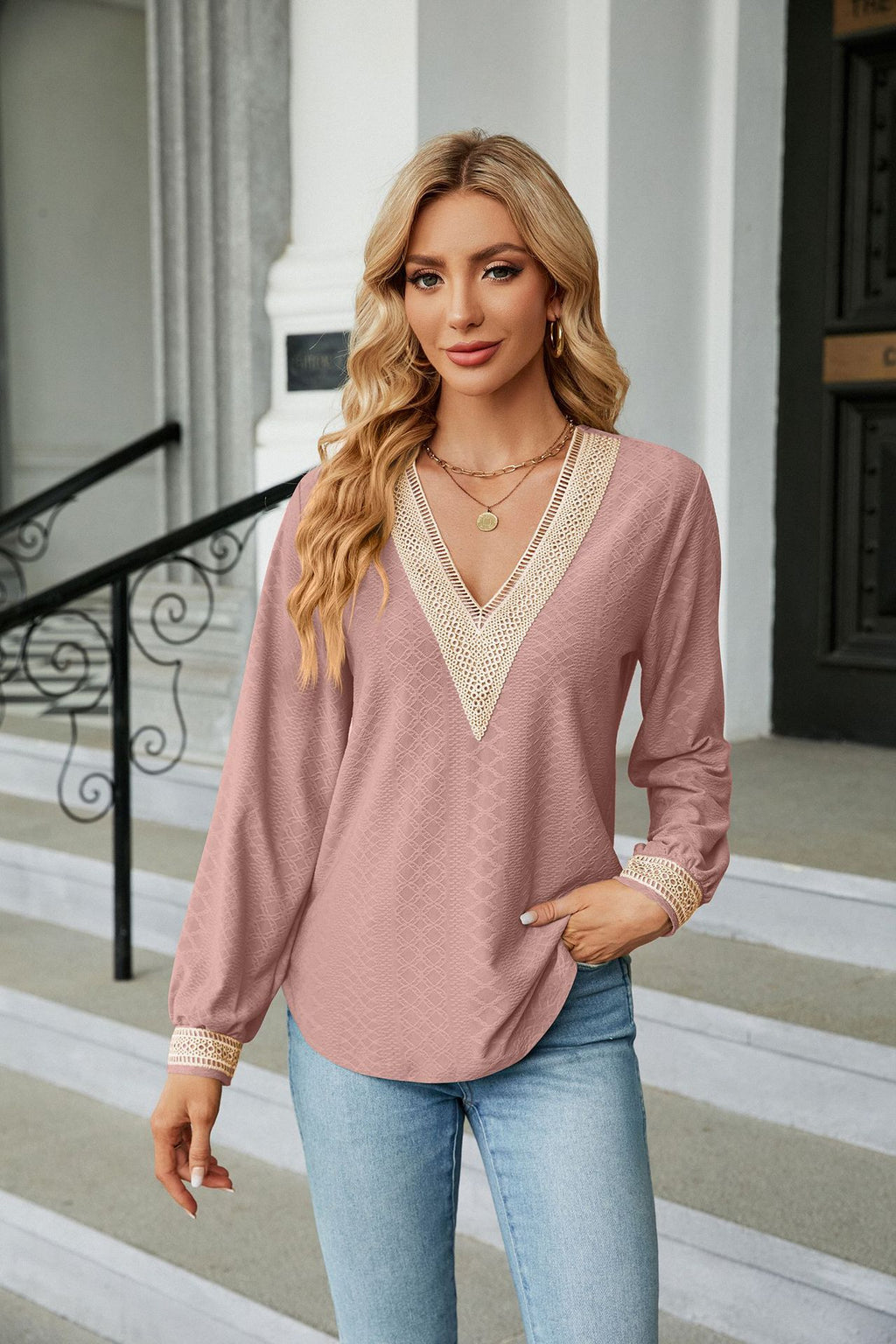 Lace Trim V-Neck Long Sleeve Blouse