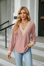 Lace Trim V-Neck Long Sleeve Blouse