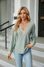 Lace Trim V-Neck Long Sleeve Blouse