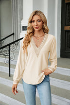 Lace Trim V-Neck Long Sleeve Blouse