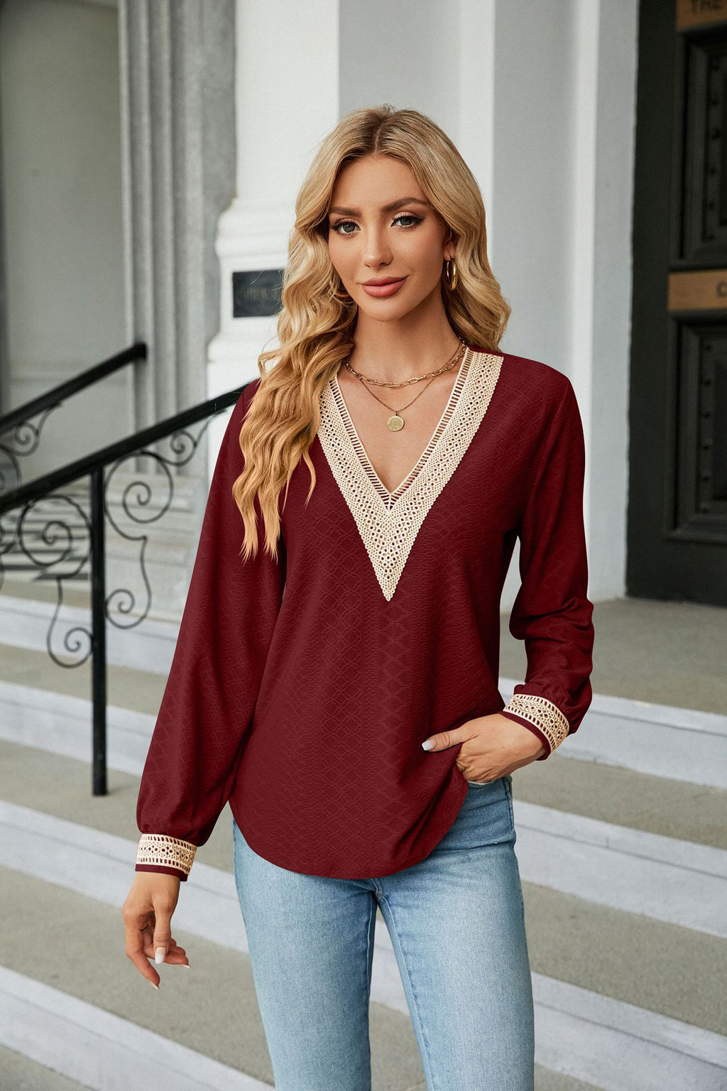Lace Trim V-Neck Long Sleeve Blouse