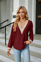 Lace Trim V-Neck Long Sleeve Blouse