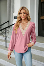 Lace Trim V-Neck Long Sleeve Blouse