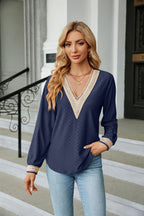 Lace Trim V-Neck Long Sleeve Blouse