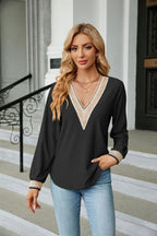 Lace Trim V-Neck Long Sleeve Blouse
