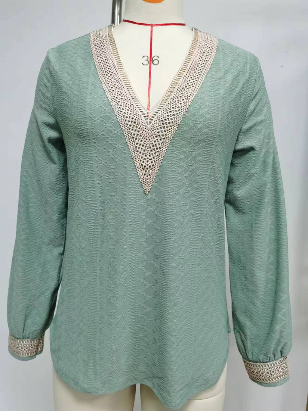 Lace Trim V-Neck Long Sleeve Blouse