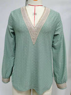 Lace Trim V-Neck Long Sleeve Blouse