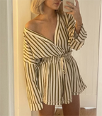 Spring Beige Stripes Top Short Two-Piece Set