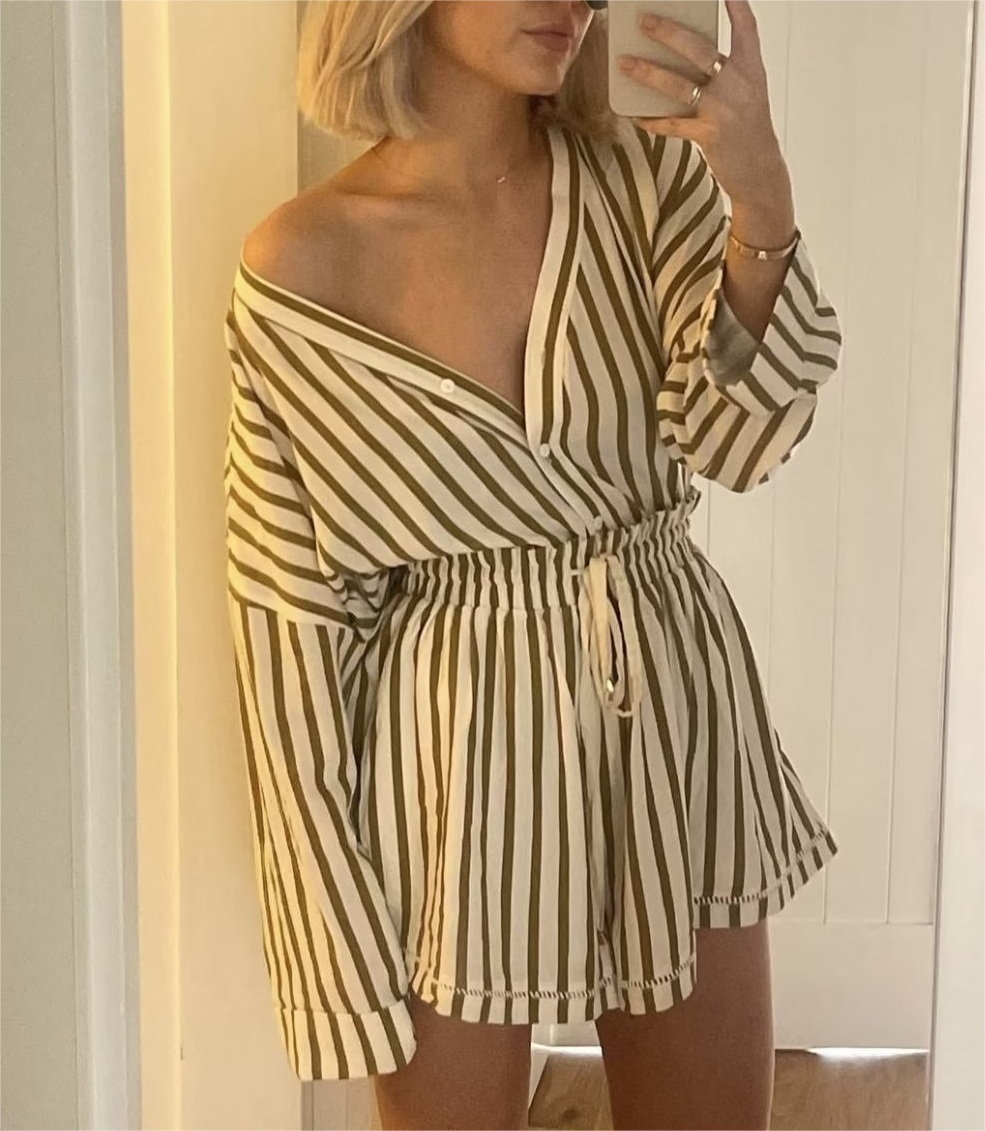 Spring Beige Stripes Top Short Two-Piece Set