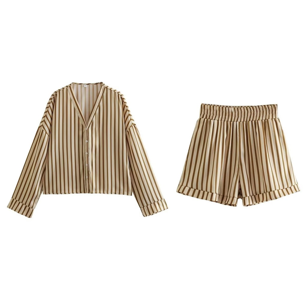 Spring Beige Stripes Top Short Two-Piece Set