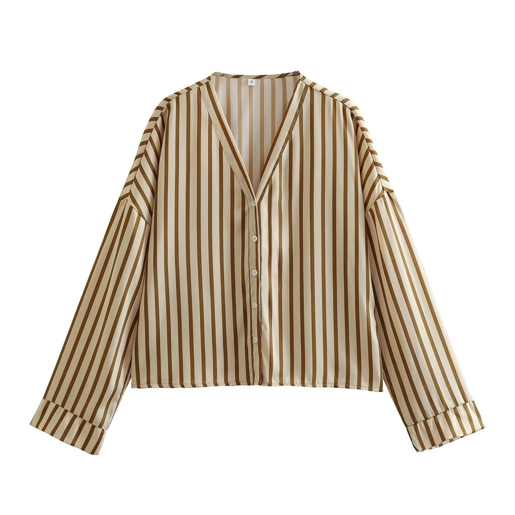 Spring Beige Stripes Top Short Two-Piece Set
