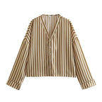 Spring Beige Stripes Top Short Two-Piece Set