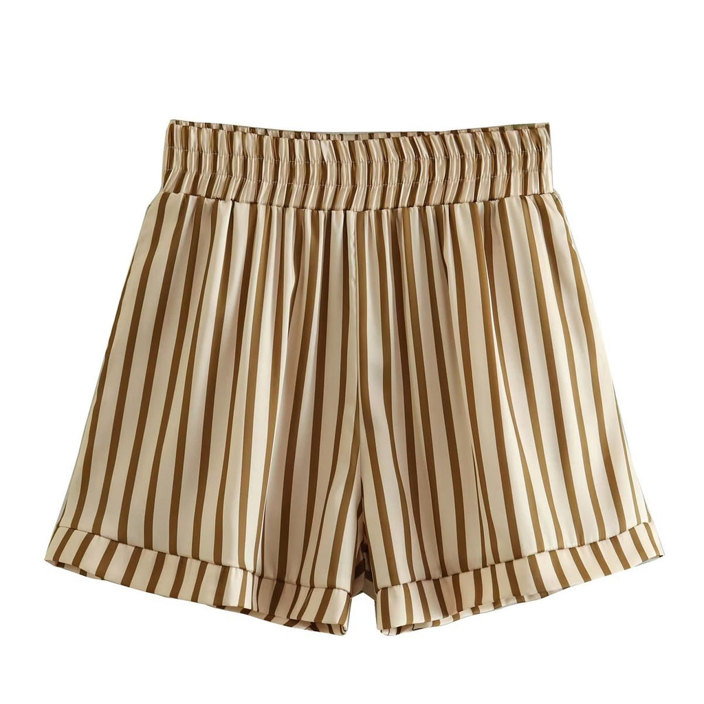 Spring Beige Stripes Top Short Two-Piece Set