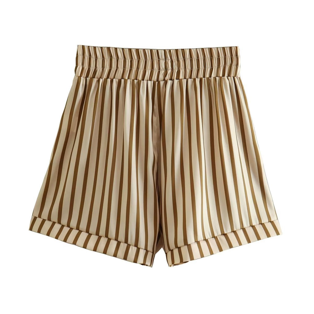 Spring Beige Stripes Top Short Two-Piece Set