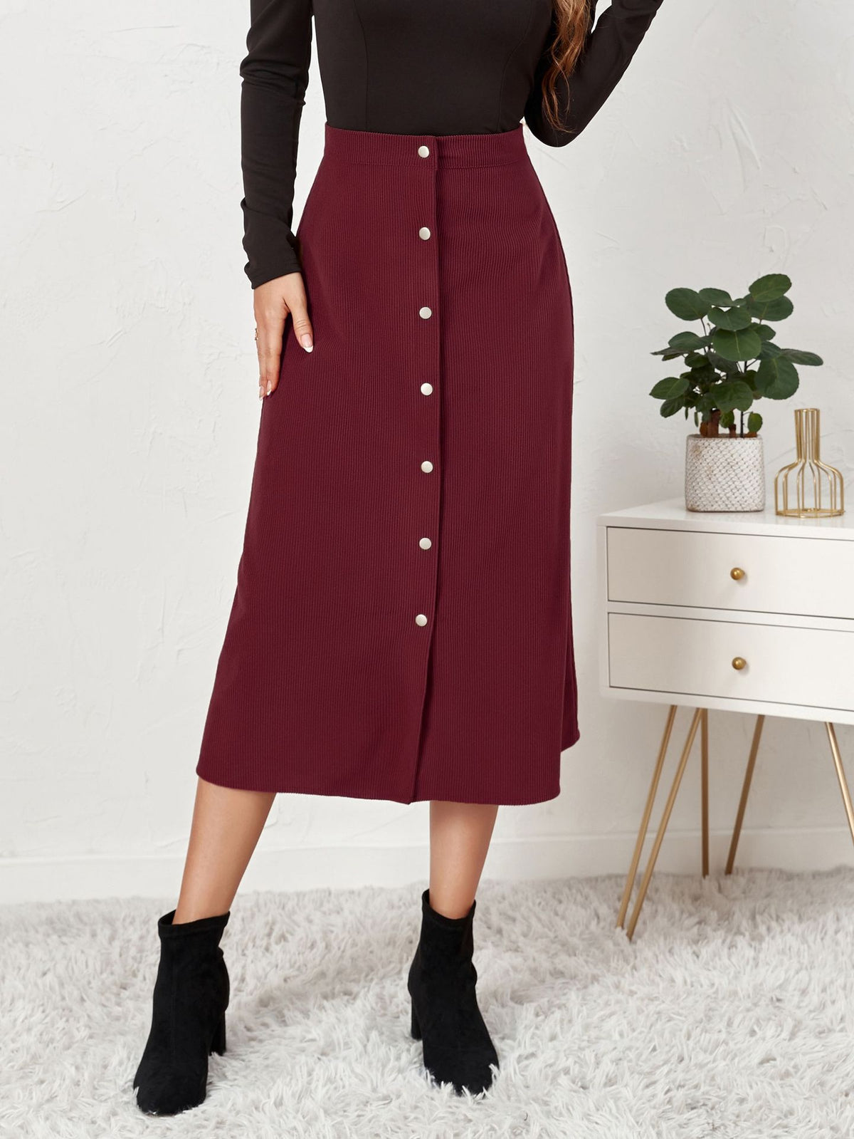Boutique Corduroy Single Breasted High Waist Autumn Skirt