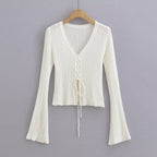 V-Neck Lace-Up Slim Fit Long Sleeve Top