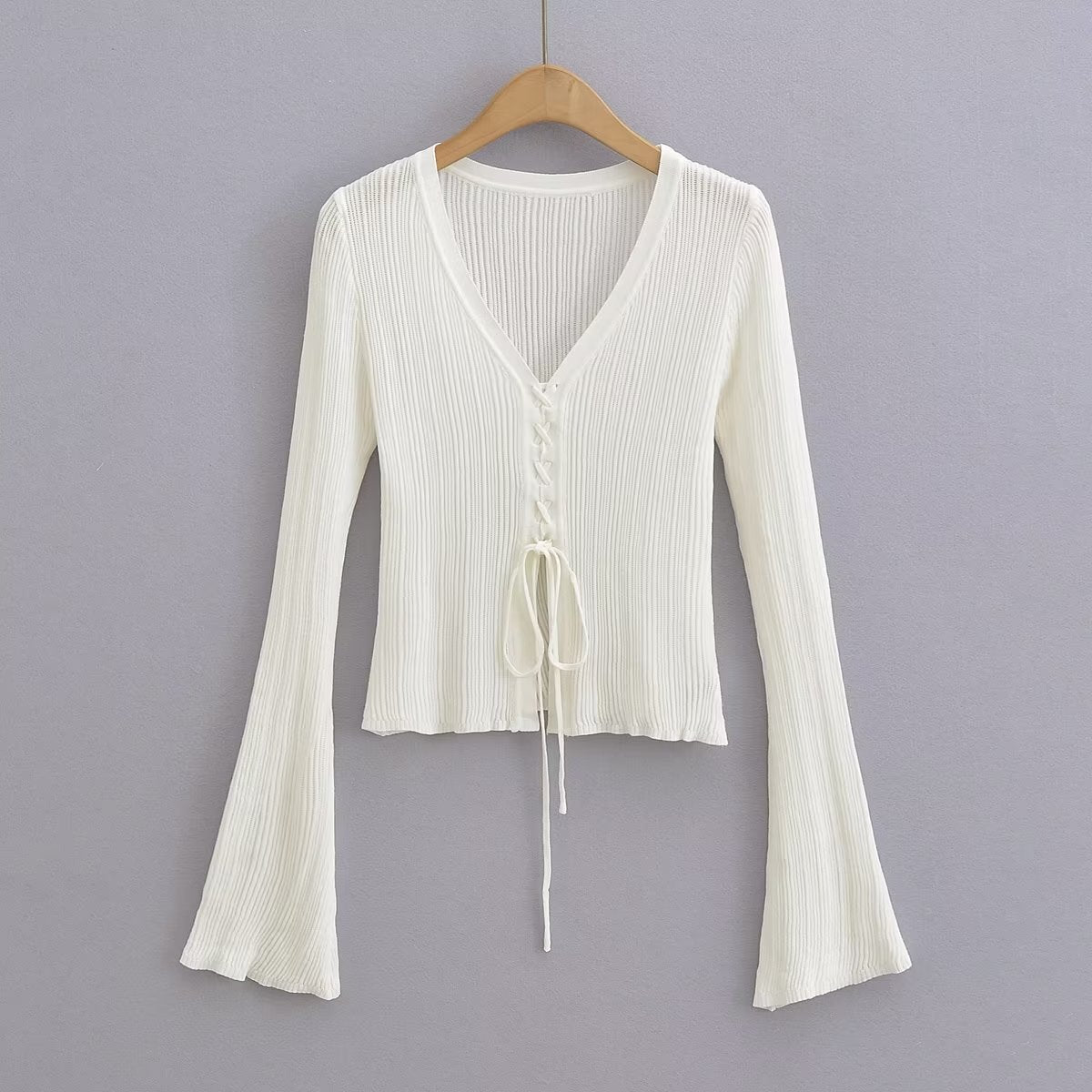 V-Neck Lace-Up Slim Fit Long Sleeve Top