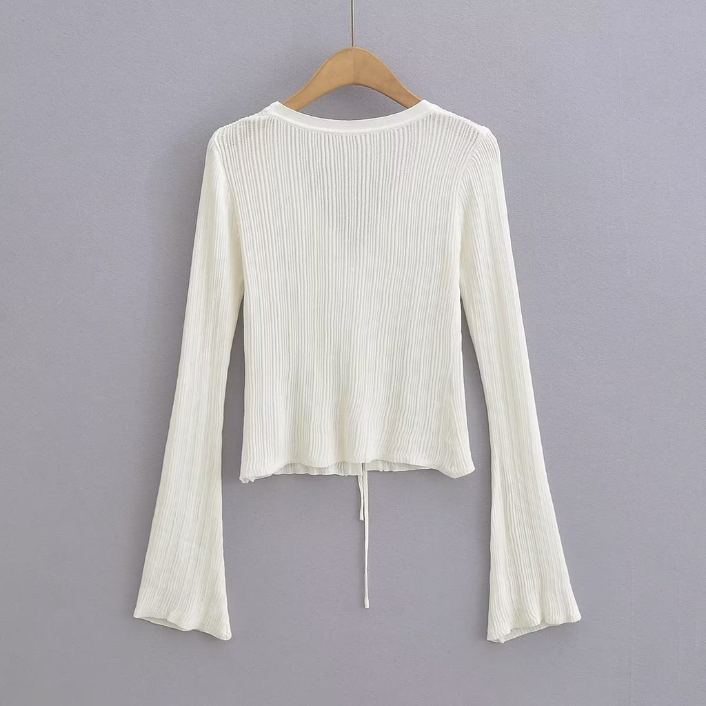 V-Neck Lace-Up Slim Fit Long Sleeve Top