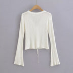 V-Neck Lace-Up Slim Fit Long Sleeve Top