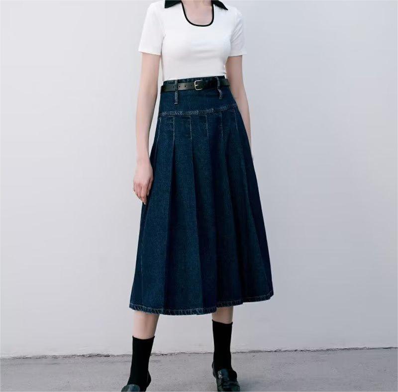 Autumn Winter Solid Blue High Waist Stitching Skirt