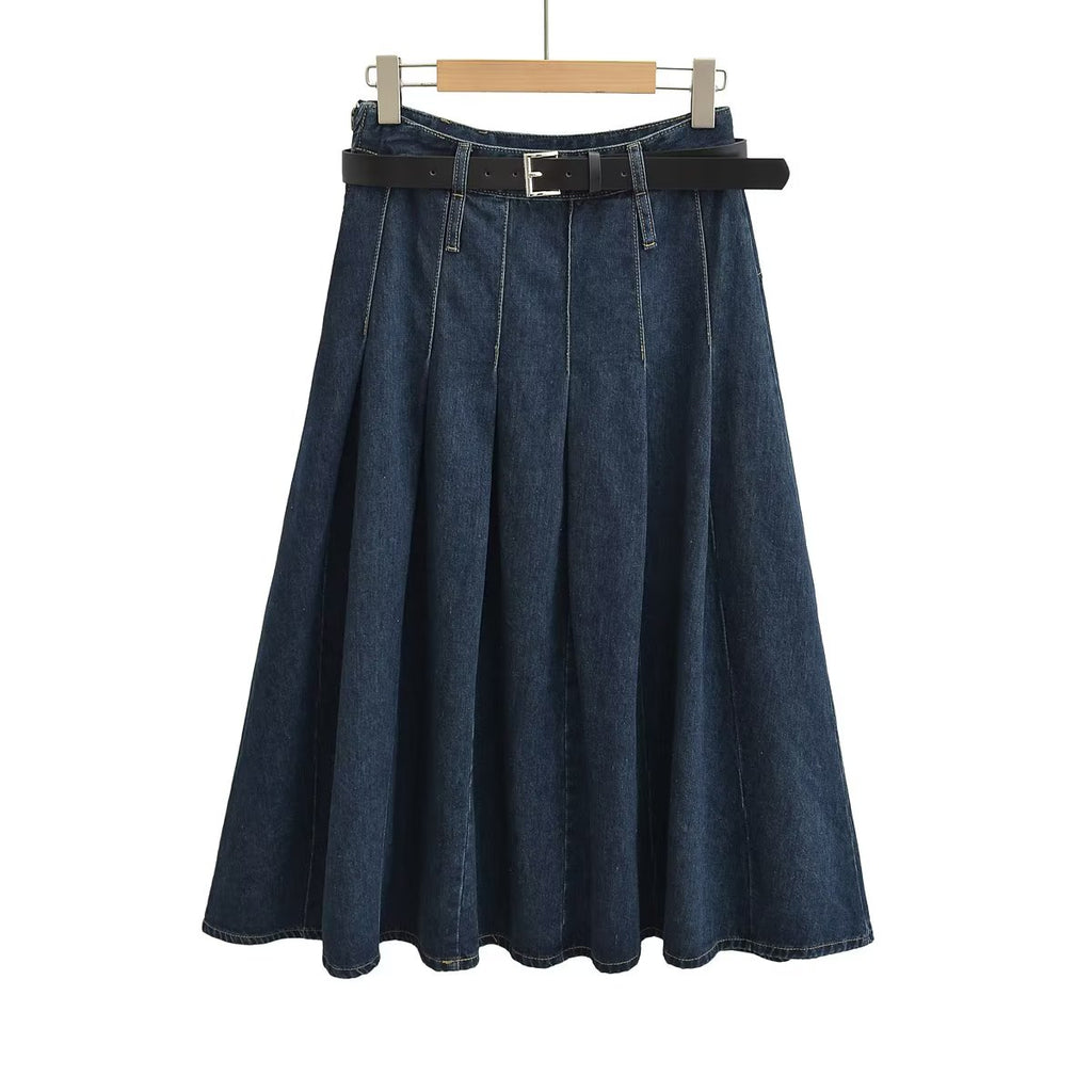 Autumn Winter Solid Blue High Waist Stitching Skirt