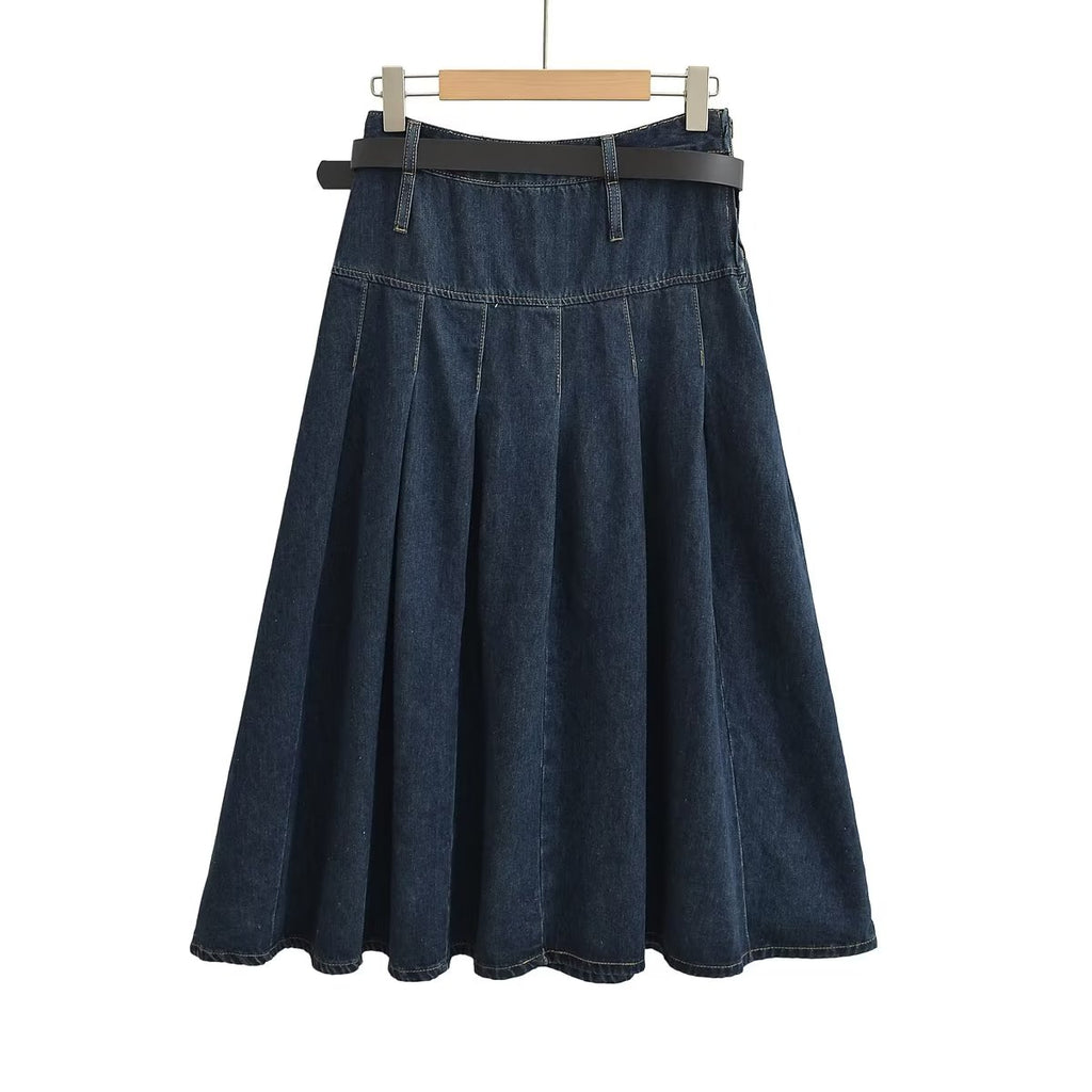 Autumn Winter Solid Blue High Waist Stitching Skirt