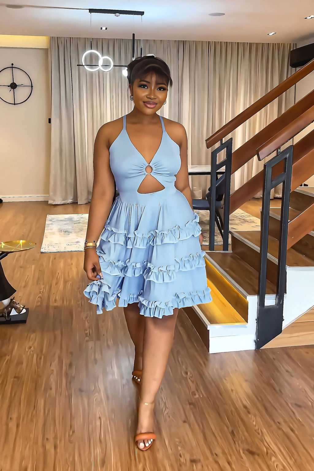 Backless Strap Tiered Mini Dress