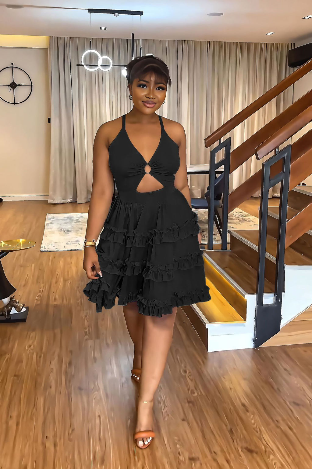 Backless Strap Tiered Mini Dress