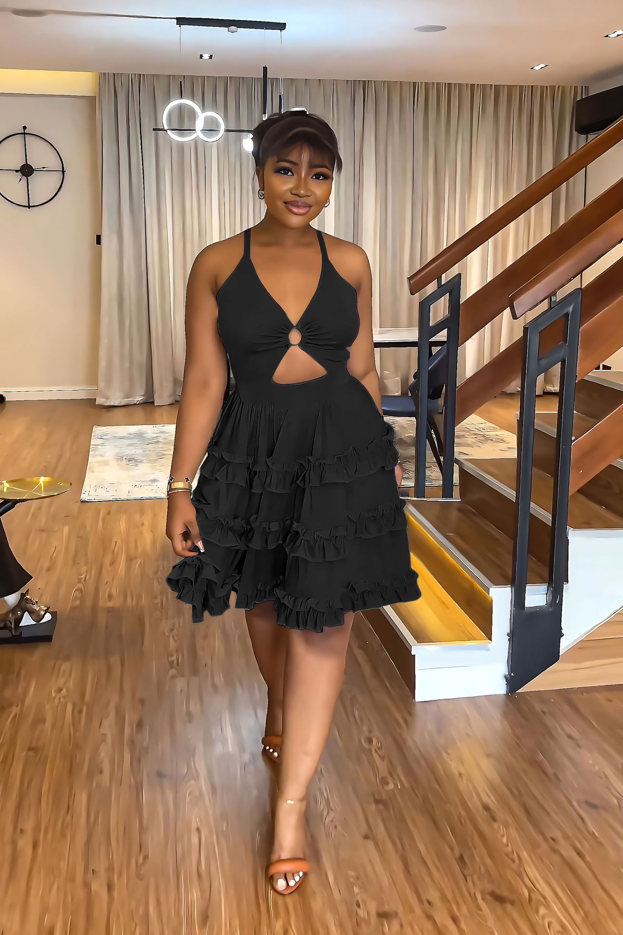 Backless Strap Tiered Mini Dress